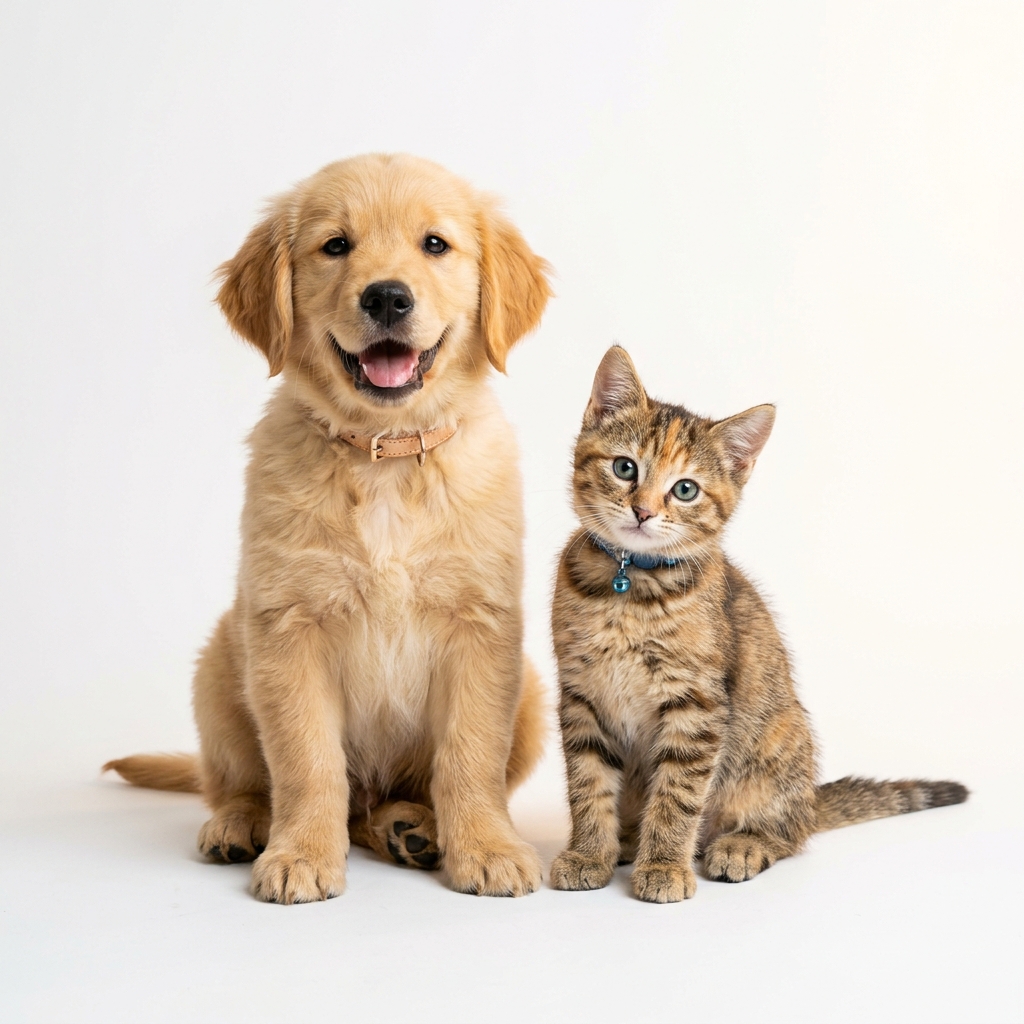 Smiling puppy and kitten